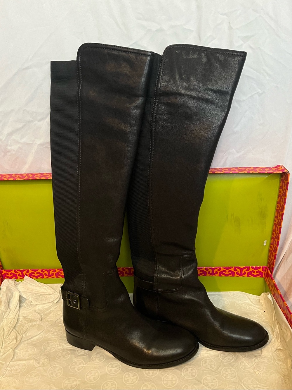 Tory Burch Black Over-the-Knee Leather Riding Boots “Jack Landed Capra Elastic”